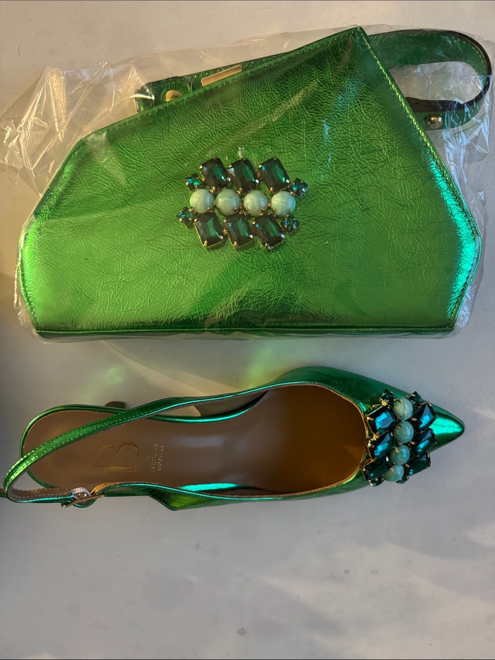 Italian Shoemakers Metallic Emerald Green Jeweled Slingback